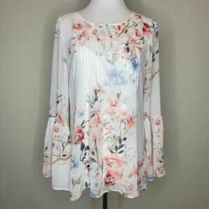 WHBM Floral Bell Sleeve Fairy Blouse size 6 Cream Pink Naturecore BOHO